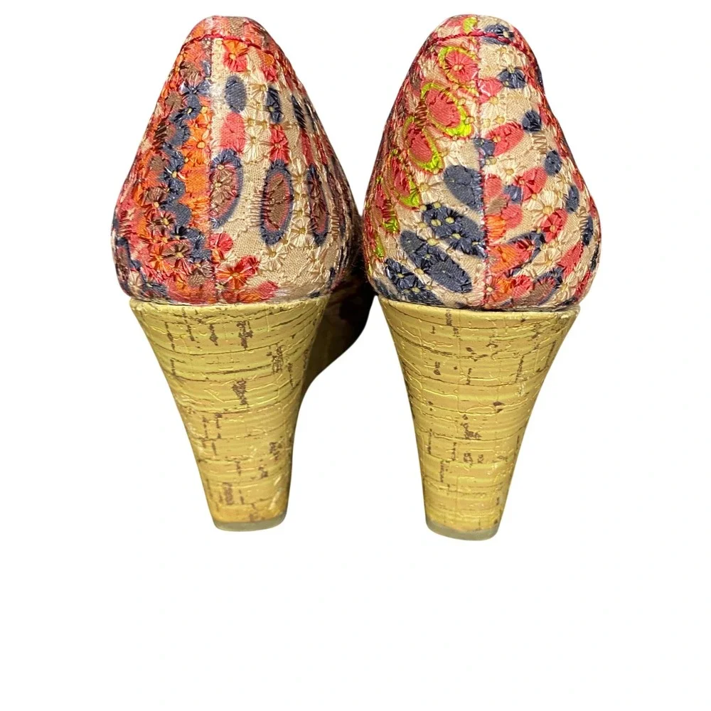 Faded Glory Women Boho Embroidered Peep Toe Cork Wedge Heels‎ Multicolor Size 8
